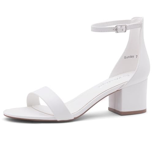Herstyle Women’s Low Heels – Open Toe Chunky Block Heeled Sandals with Ankle Strap | Comfortable Dressy Short Heels for Prom, Wedding, Party & Office, White, Size 8.5, Sunday - Image 1