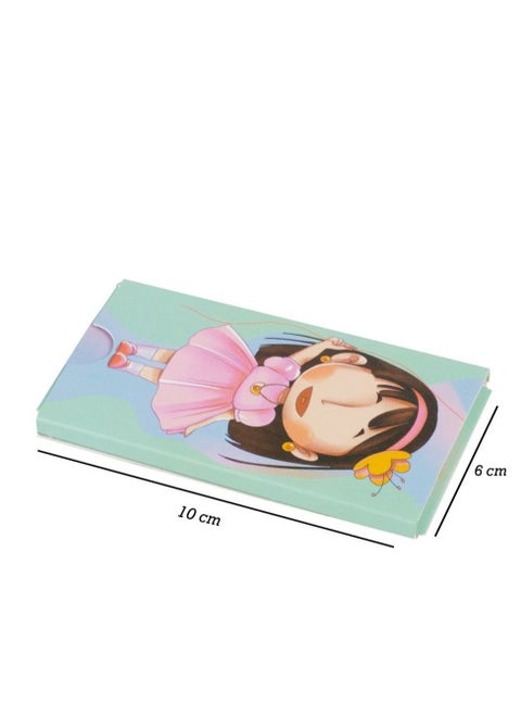12 green color distribution cards with a drawing of a child without eyes and stamp your Eid Mubarak