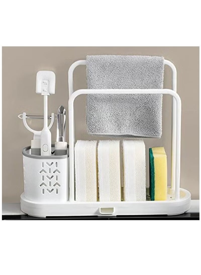 Multifunctional Kitchen Sink Caddy Organizer, Sponge and Dishcloth Holder Set with Basket, Removable Drain Pan