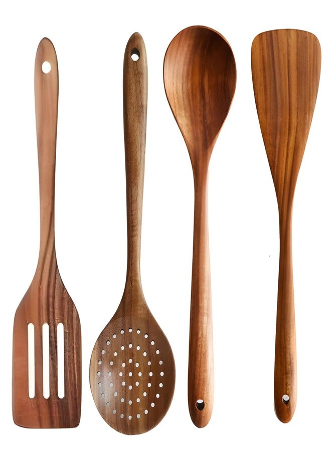 Varku Wooden Spatulas for Cooking,4PCS Natural Acacia Wooden Cooking Utensils Set,Kitchen Bamboo Utensil Holder,Long Handle,Includes Flat,Round,Slotted and Straining Spoon,for Non-Stick Cookware Kitchen Use - Image 1