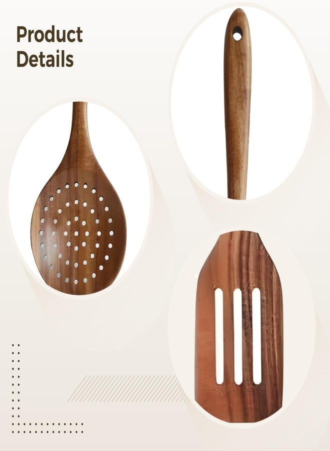 Varku Wooden Spatulas for Cooking,4PCS Natural Acacia Wooden Cooking Utensils Set,Kitchen Bamboo Utensil Holder,Long Handle,Includes Flat,Round,Slotted and Straining Spoon,for Non-Stick Cookware Kitchen Use - Image 5