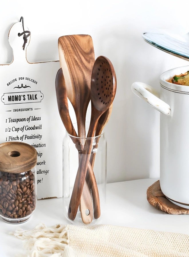 Varku Wooden Spatulas for Cooking,4PCS Natural Acacia Wooden Cooking Utensils Set,Kitchen Bamboo Utensil Holder,Long Handle,Includes Flat,Round,Slotted and Straining Spoon,for Non-Stick Cookware Kitchen Use - Image 3