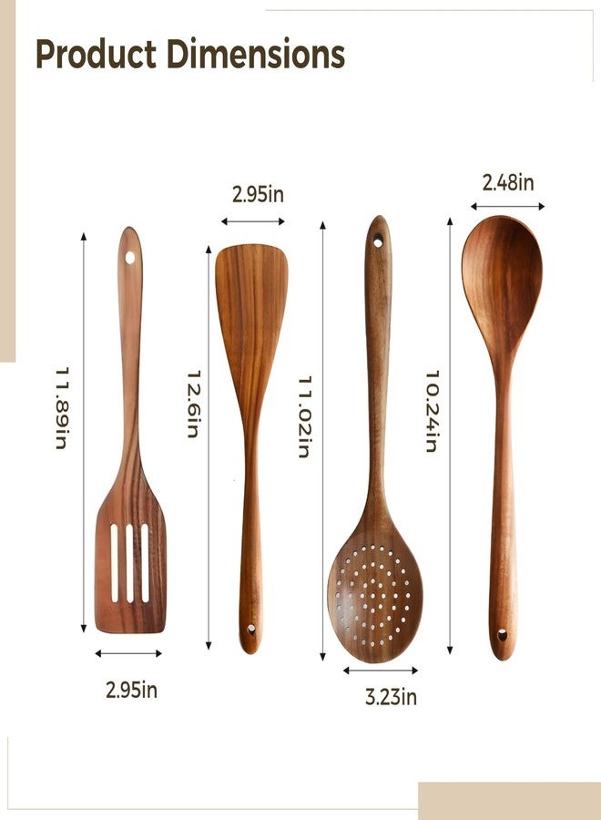 Varku Wooden Spatulas for Cooking,4PCS Natural Acacia Wooden Cooking Utensils Set,Kitchen Bamboo Utensil Holder,Long Handle,Includes Flat,Round,Slotted and Straining Spoon,for Non-Stick Cookware Kitchen Use - Image 4