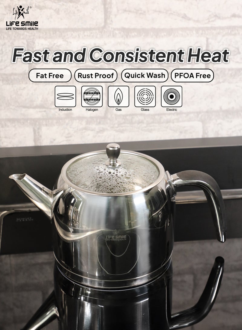 Life Smile طقم غلايات الشاي من لايف سمايل من الفولاذ المقاوم للصدأ – قاعدة تحريض، مقبض بارد، غطاء زجاجي، مقاوم للصدأ، تسخين سريع – 1 لتر + 2 لتر غلاية مزدوجة لتحضير الشاي والقهوة - Image 5