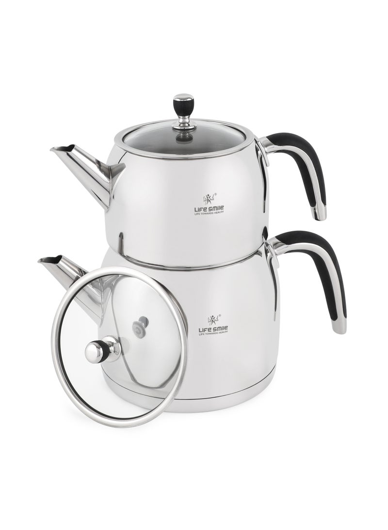 Life Smile طقم غلايات الشاي من لايف سمايل من الفولاذ المقاوم للصدأ – قاعدة تحريض، مقبض بارد، غطاء زجاجي، مقاوم للصدأ، تسخين سريع – 1 لتر + 2 لتر غلاية مزدوجة لتحضير الشاي والقهوة - Image 1