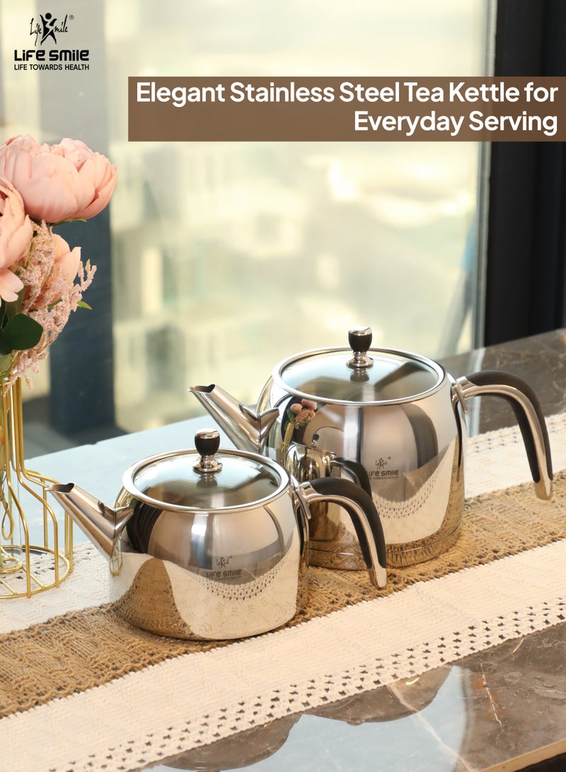 Life Smile طقم غلايات الشاي من لايف سمايل من الفولاذ المقاوم للصدأ – قاعدة تحريض، مقبض بارد، غطاء زجاجي، مقاوم للصدأ، تسخين سريع – 1 لتر + 2 لتر غلاية مزدوجة لتحضير الشاي والقهوة - Image 4