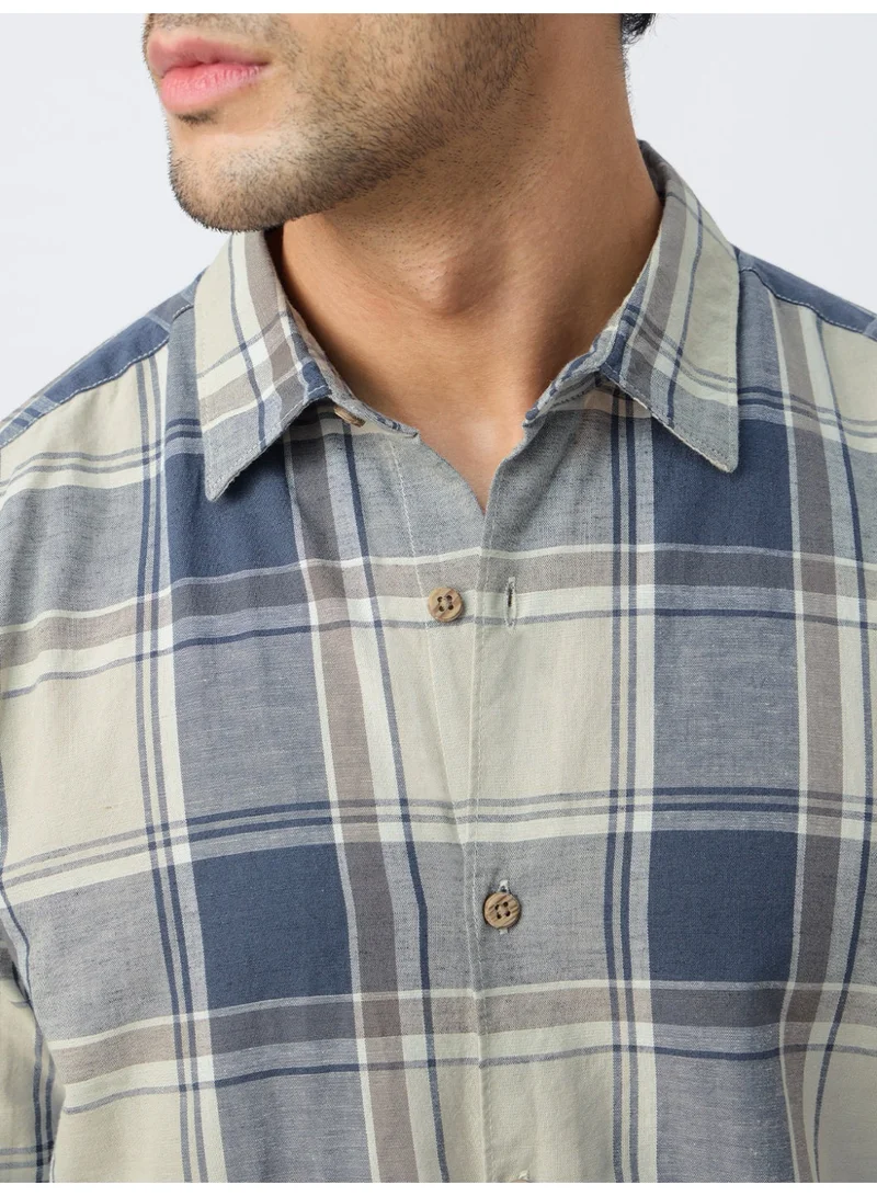 The Souled Store  The Souled Store: Blue Topaz Men and Boys Long Sleeve Spread Collar Blue Plaid Cotton-Linen Regular Shirt  | Best Price UAE