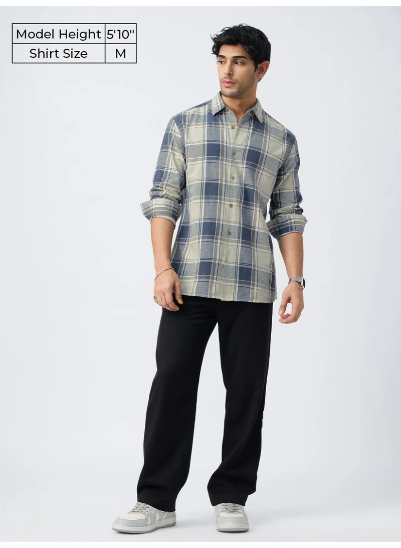 The Souled Store The Souled Store: Blue Topaz Men and Boys Long Sleeve Spread Collar Blue Plaid Cotton-Linen Regular Shirt