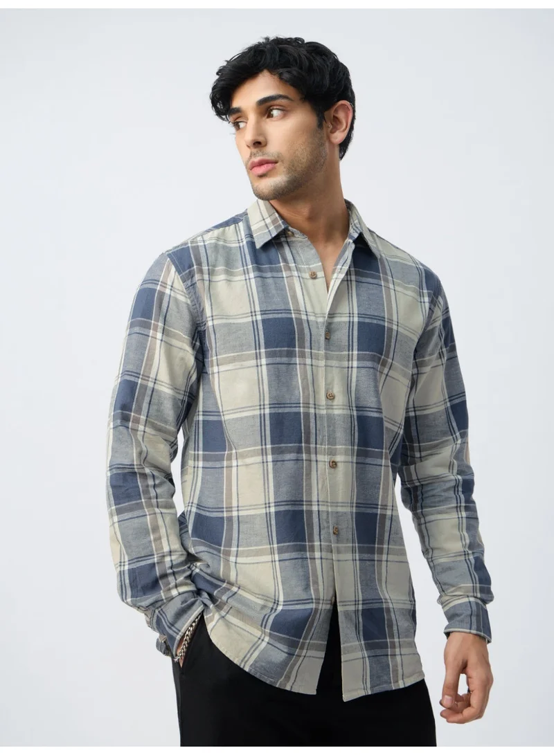 The Souled Store The Souled Store: Blue Topaz Men and Boys Long Sleeve Spread Collar Blue Plaid Cotton-Linen Regular Shirt