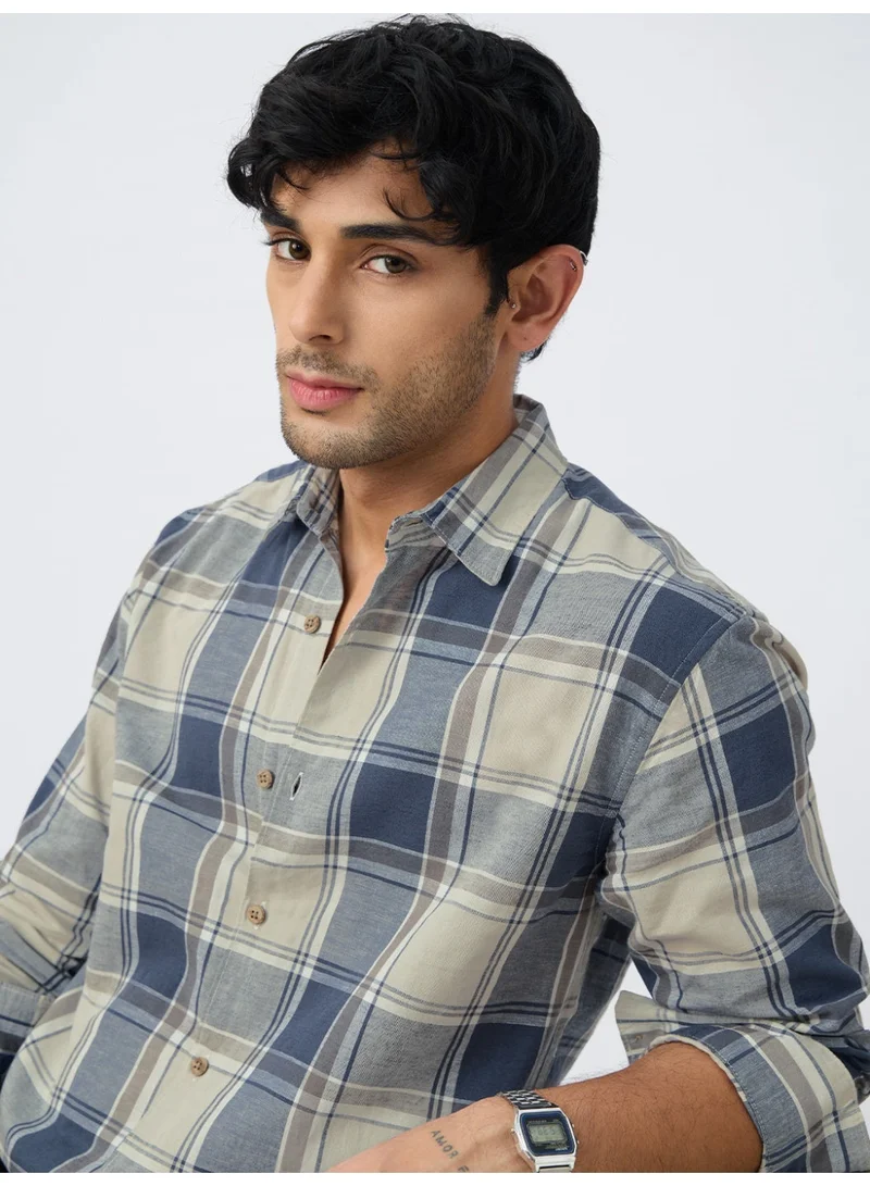 The Souled Store  The Souled Store: Blue Topaz Men and Boys Long Sleeve Spread Collar Blue Plaid Cotton-Linen Regular Shirt  | Best Price UAE