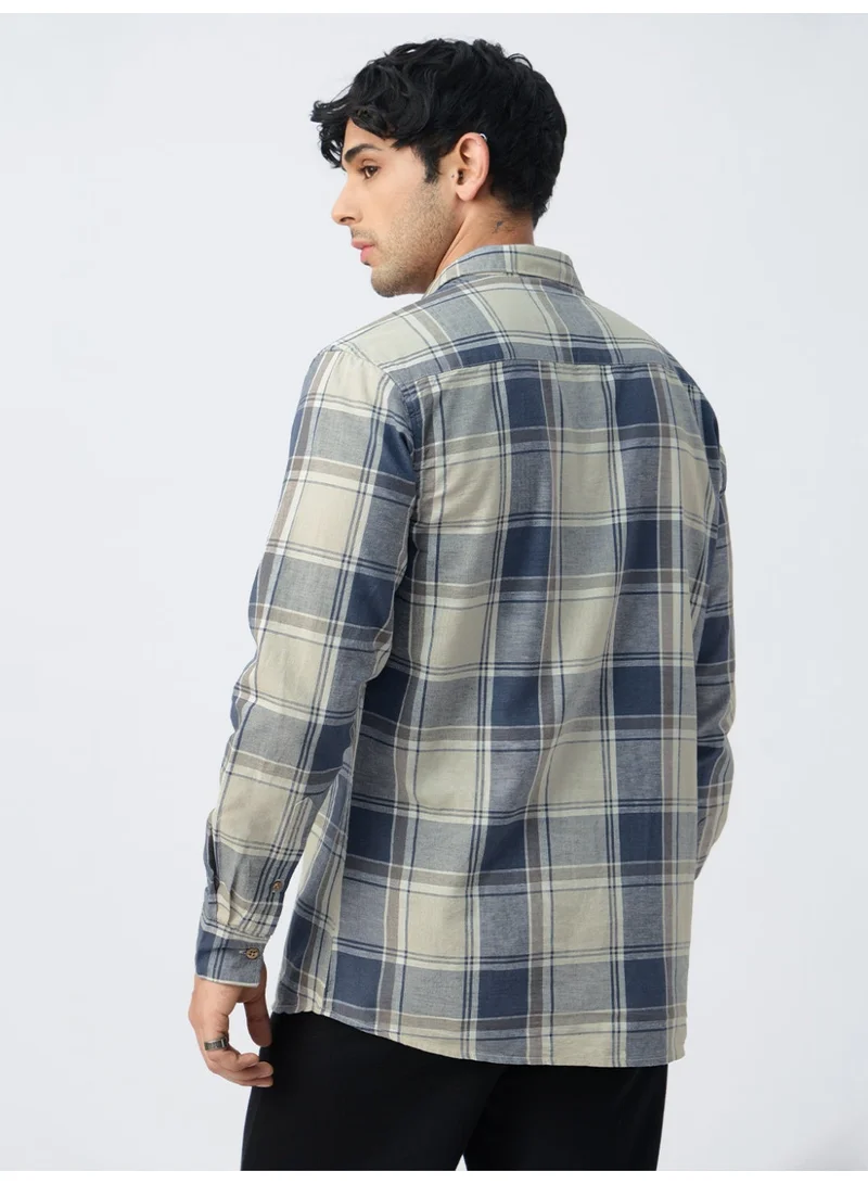 The Souled Store  The Souled Store: Blue Topaz Men and Boys Long Sleeve Spread Collar Blue Plaid Cotton-Linen Regular Shirt  | Best Price UAE
