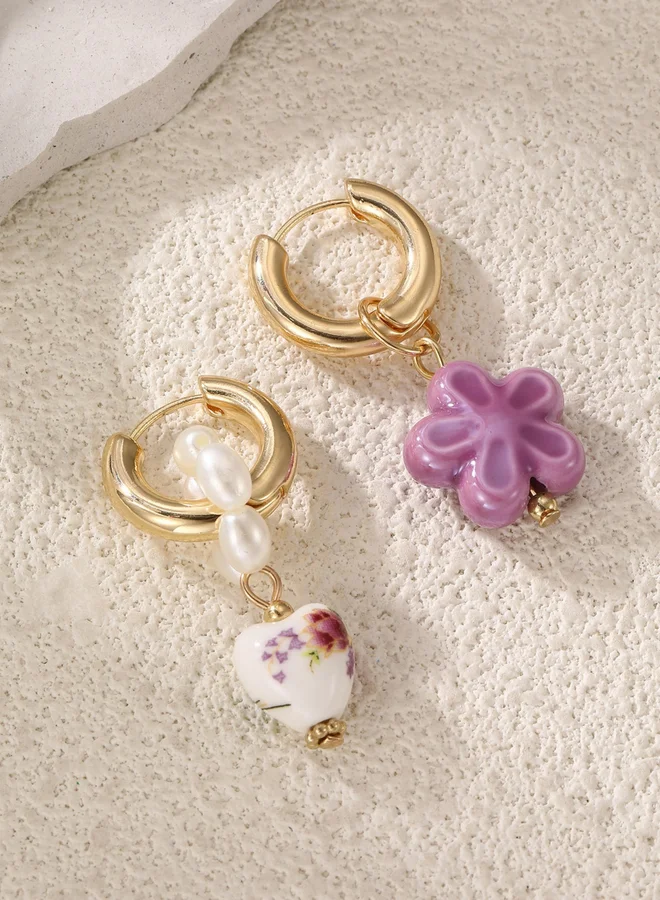 Take Two Heart-Shaped Flower Detail Hoop Earrings