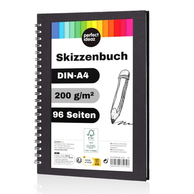 دفتر رسم مثالي DINA4 96 صفحة 48 ورقة كتلة رسم احترافية غلاف صلب أسود مع تجليد حلزوني وورق أبيض فارغ 200 جرام دفتر رسم أسود