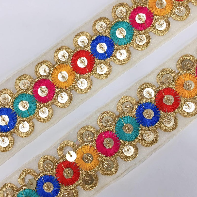Lami 9 Meter Multicolour Sequins Embroidery Lace with Golden Zari/Jari Rainbow Colour, Floral Home Furnishings Ribbons, Indian Trimmings, Lace Border, Decorative Festival Packaging Ribbon - Image 3