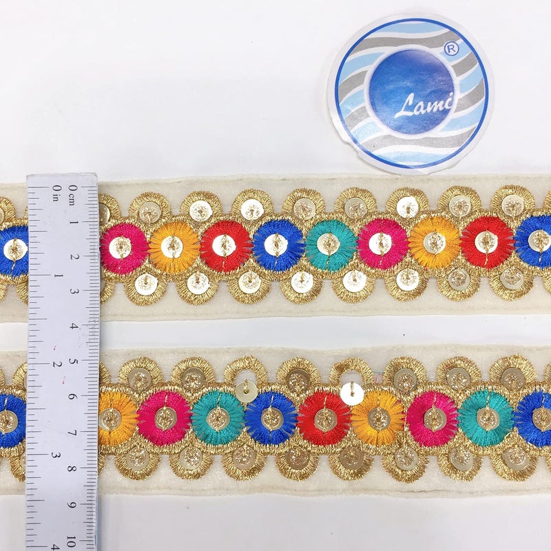Lami 9 Meter Multicolour Sequins Embroidery Lace with Golden Zari/Jari Rainbow Colour, Floral Home Furnishings Ribbons, Indian Trimmings, Lace Border, Decorative Festival Packaging Ribbon - Image 4
