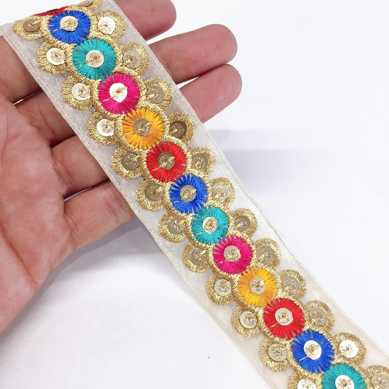 Lami 9 Meter Multicolour Sequins Embroidery Lace with Golden Zari/Jari Rainbow Colour, Floral Home Furnishings Ribbons, Indian Trimmings, Lace Border, Decorative Festival Packaging Ribbon - Image 1