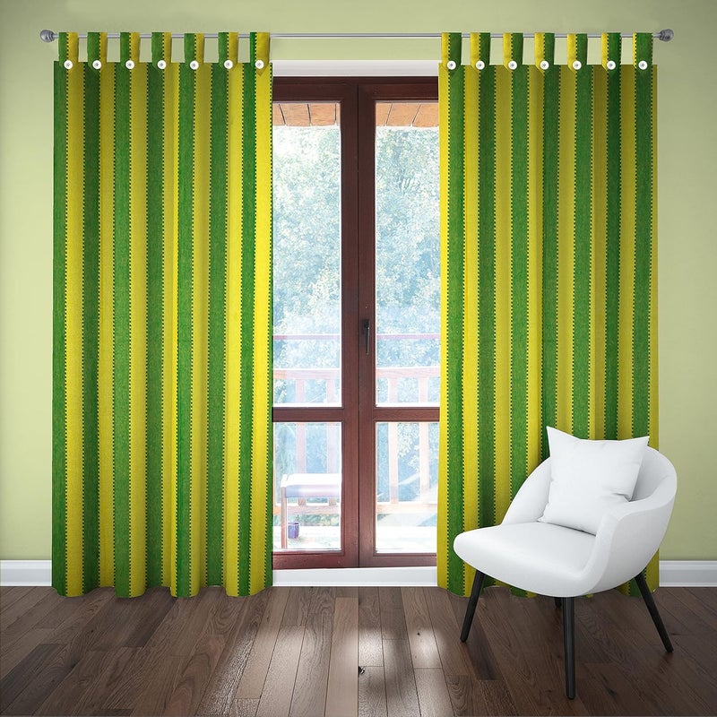 HOMEFLY HOMEFLY Green with Yellow Color Cotton Fabric Door Curtain Pack of 2 Pieces 9 Feet Loop Stripes