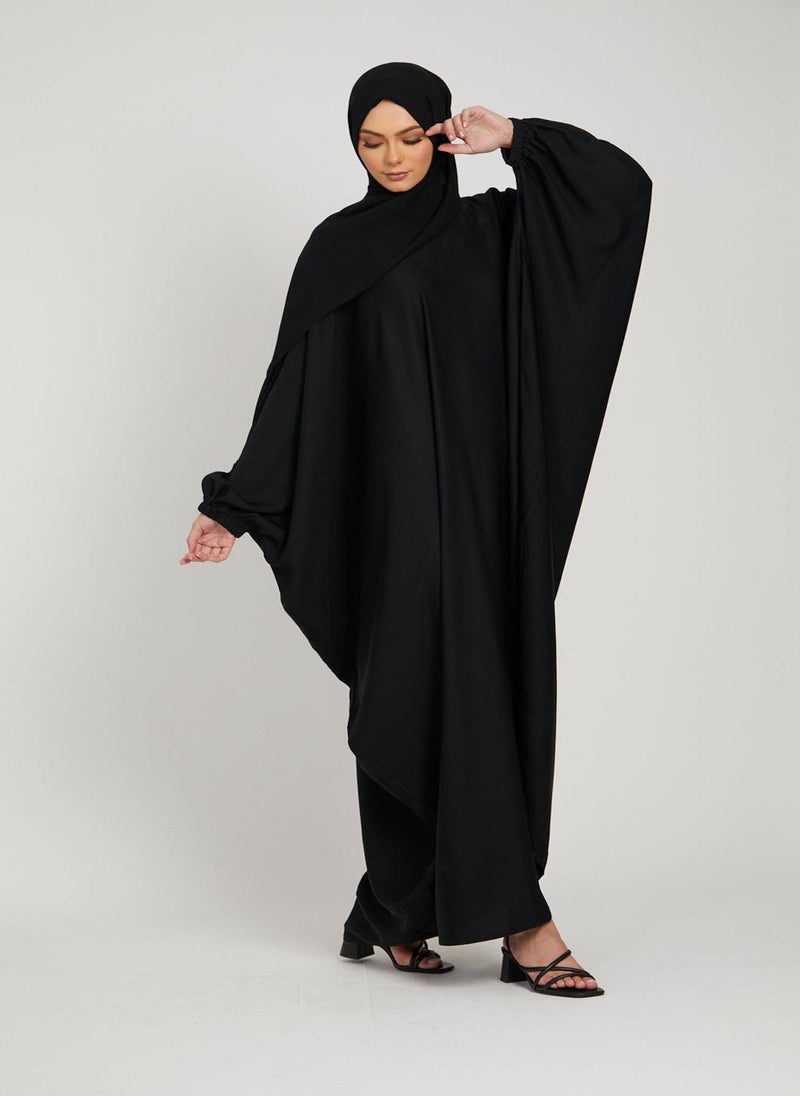 NUKHBAA - Elegant Black plain abaya wityh belt and Hijab-AB53 - Image 1
