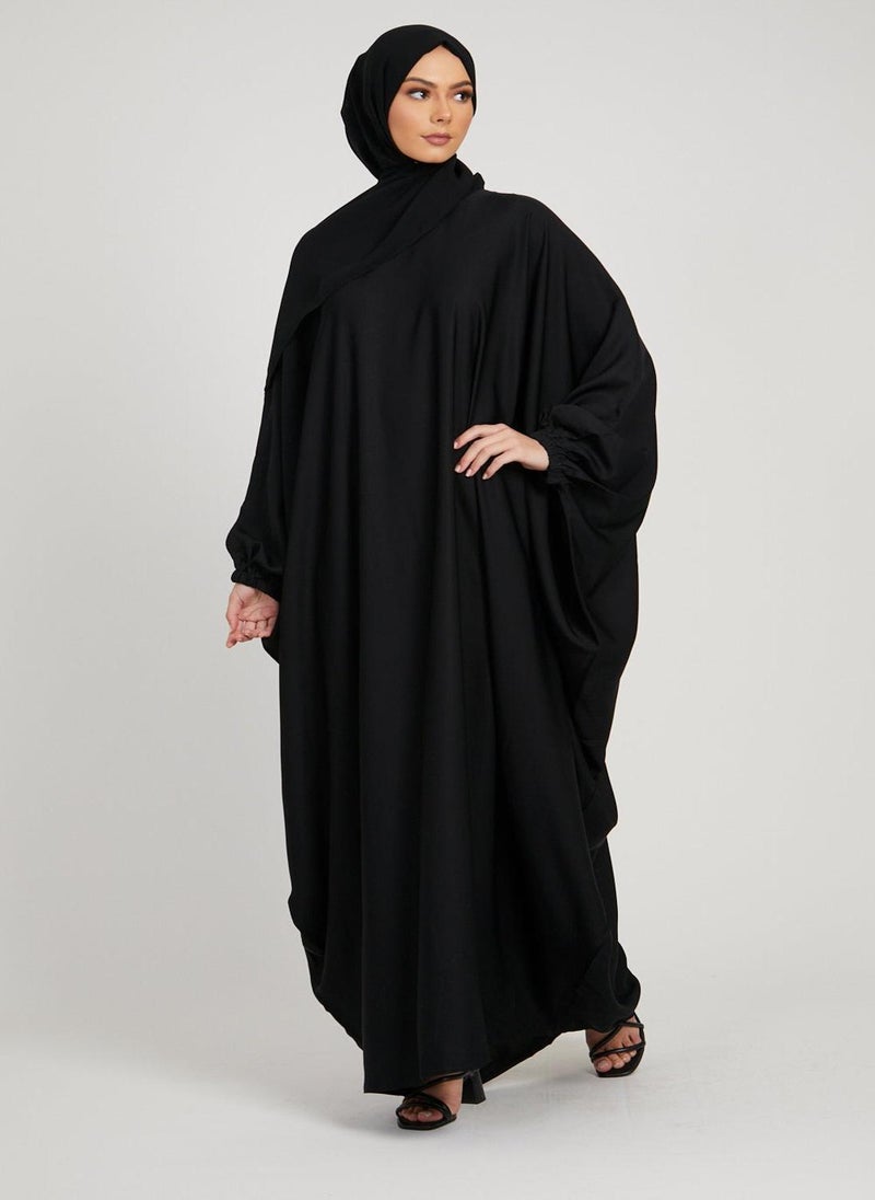 NUKHBAA - Elegant Black plain abaya wityh belt and Hijab-AB53 - Image 1