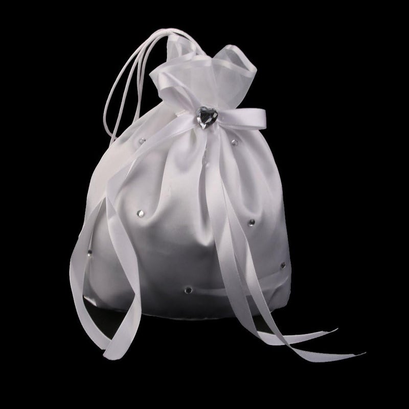 klarako White Satin Bridal Money Bag for Wedding Day, Drawstring Clutch Purse for Bride and Bridesmaid, Wedding Favors - Image 1