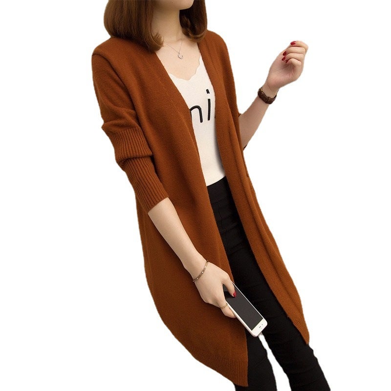 Korean Style Loose Knit Cardigan Womens Mid-Length Spring Autumn Coat Red  - Image 3