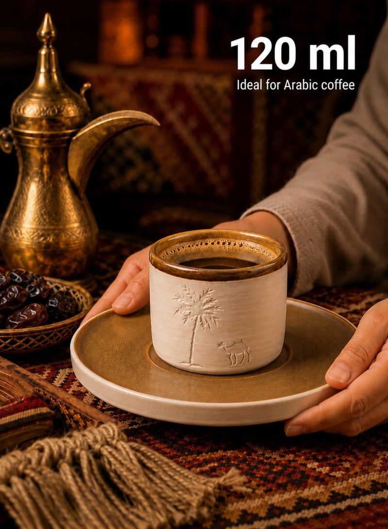 yumee 120ml Arabic Coffee Cup, Ceramic Pottery Espresso Cup with Palm Tree & Camel Design, Saudi Gahwa Cup for Arabic Coffee, Tea, Eid Gift - Image 1