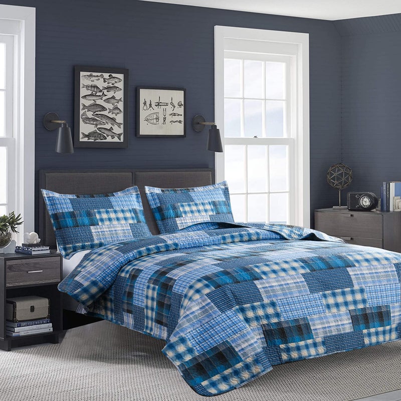 JessyHome Quilt Set Twin Size Bedspread Coverlet Blue Plaid Patchwork Quilt Bedding Mens Boys Quilts Twin Bed Home Reversible Quilt Bedspread Lightweight Coverlet Soft Microfibers Quilt Set All Season - Image 3