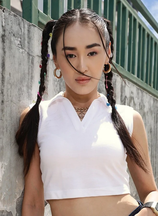 STREET 9 BASICS White Polo Collar Sleeveless Crop T-Shirt for Women