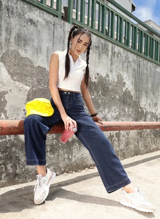 STREET 9 BASICS White Polo Collar Sleeveless Crop T-Shirt for Women