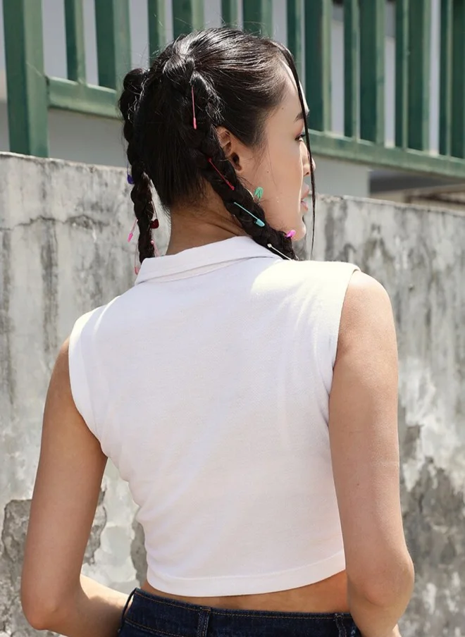 STREET 9 BASICS White Polo Collar Sleeveless Crop T-Shirt for Women