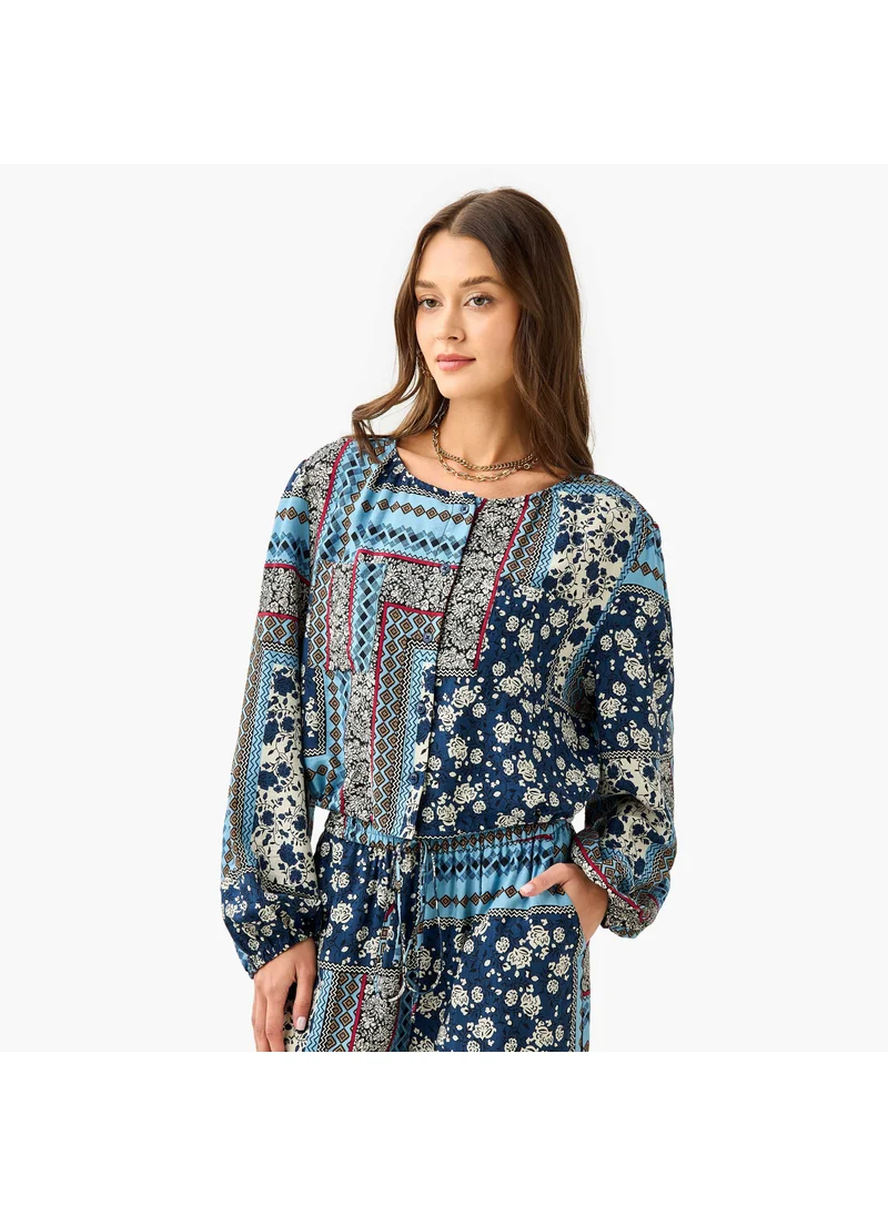 Lee Cooper Lee Cooper All-Over Print Top with Long Sleeves and Tie-Up Detail