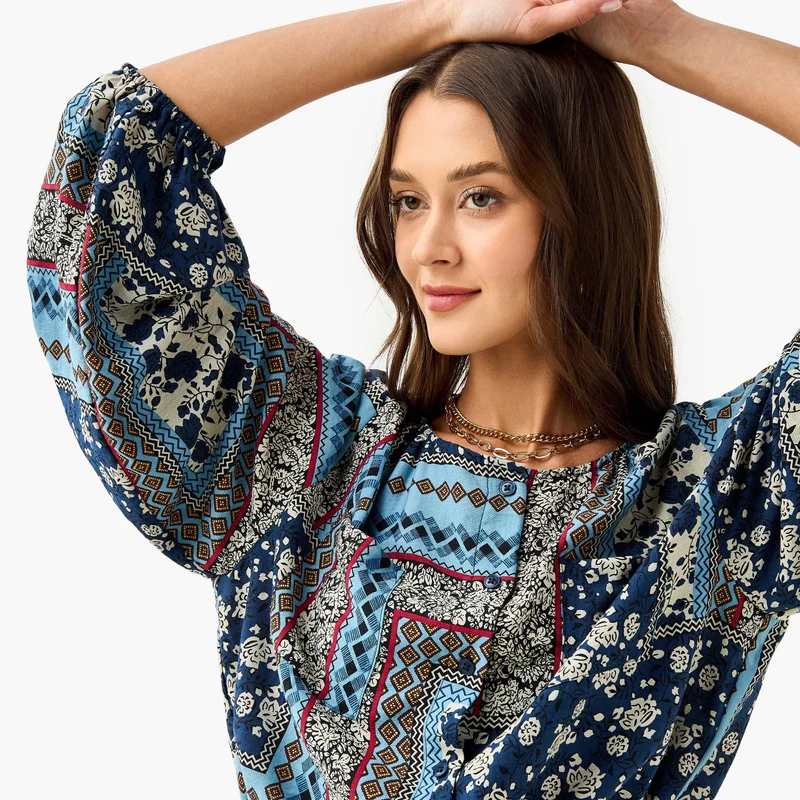 Lee Cooper Lee Cooper All-Over Print Top with Long Sleeves and Tie-Up Detail