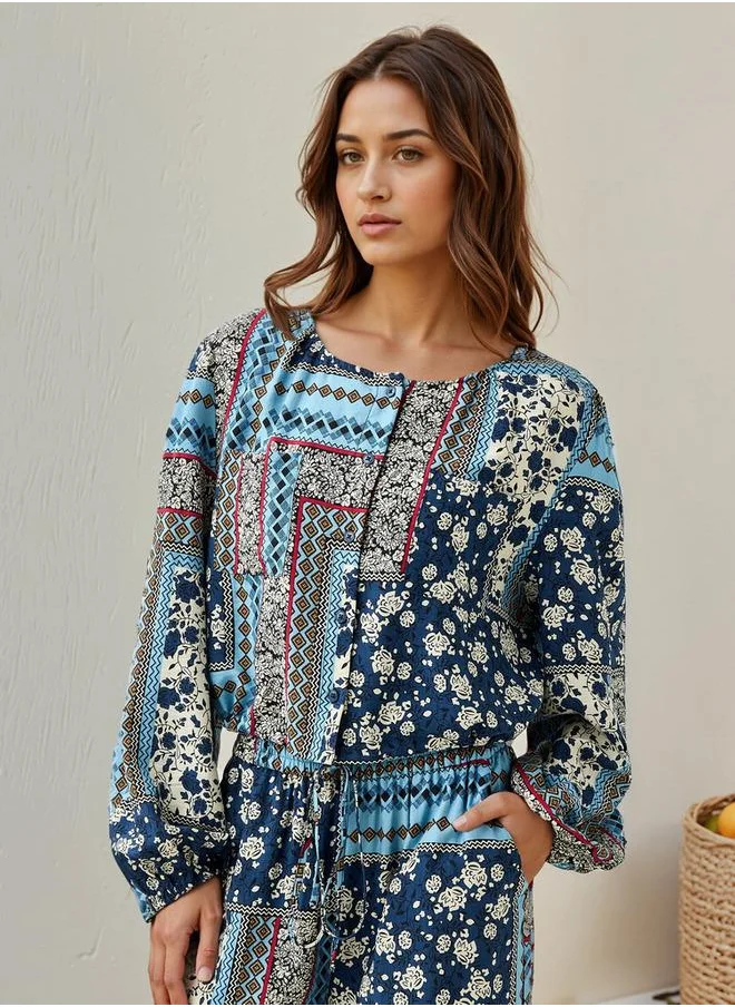 Lee Cooper Lee Cooper All-Over Print Top with Long Sleeves and Tie-Up Detail