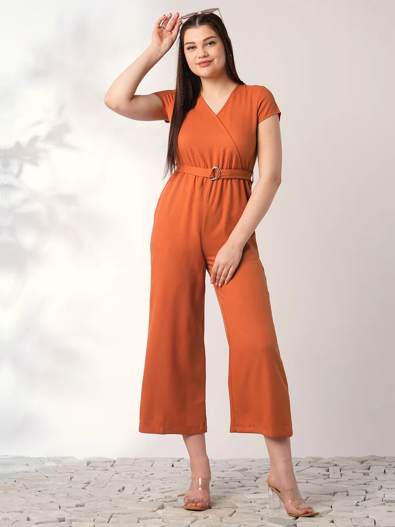 globus Women Rust Wrap V-Neck Short Sleeves Belted Long Jumpsuit
