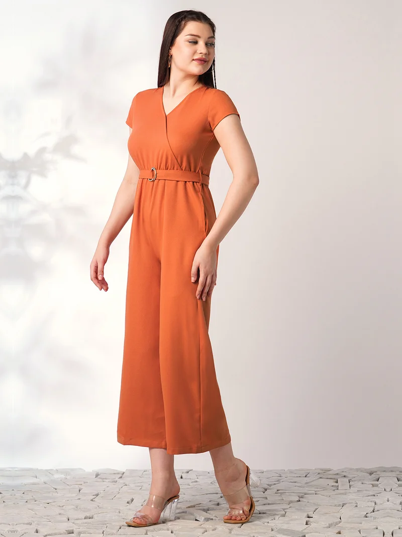 globus Women Rust Wrap V-Neck Short Sleeves Belted Long Jumpsuit