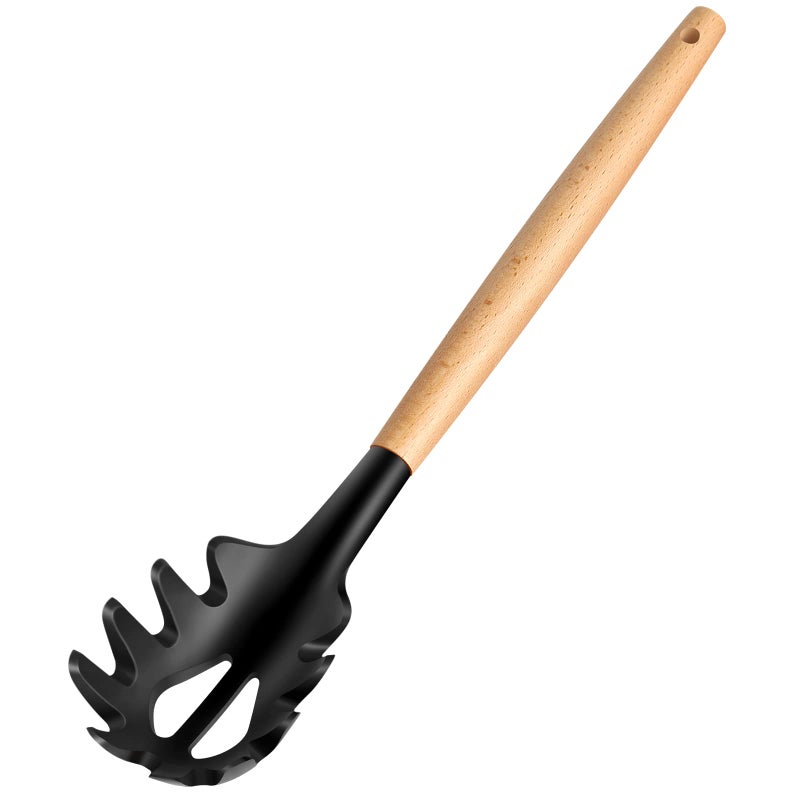 LorisArm Wooden Handle Pasta Fork Spoon 12 Silicone Spaghetti Fork Food Grade Noodle Spoon BPA Free Spaghetti Spoons Strainer  Server Spoonss