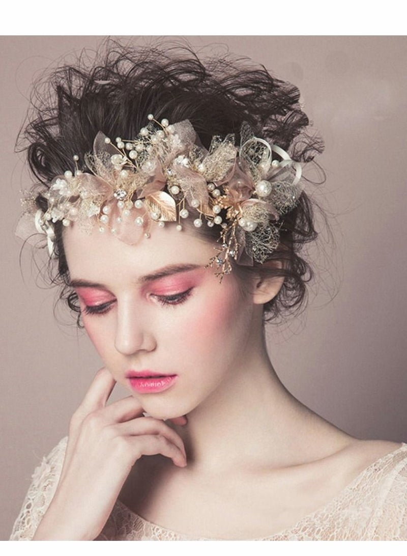 Excefore Bride Wedding Headband Headpieces Flower Wreath Pearls Bridal Tiara Crystals Hair Accessories for Bridesmaid - Image 3