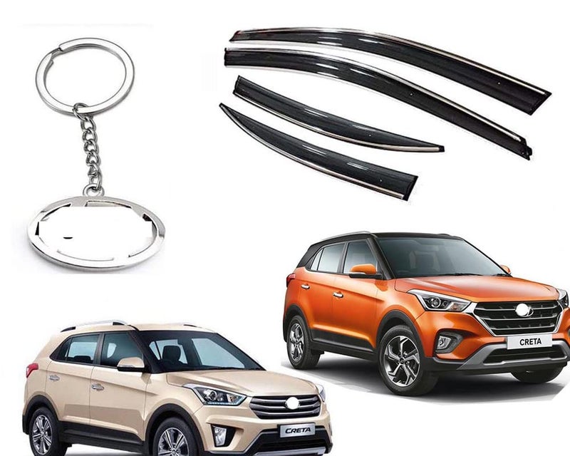 Auto E-Shopping Chromeline Silverline Door Rain Visor Wind Deflector Compatible for Creta 2015 2019 Model Set of 4 Pieces with Logo Key Chain Ring - Image 1