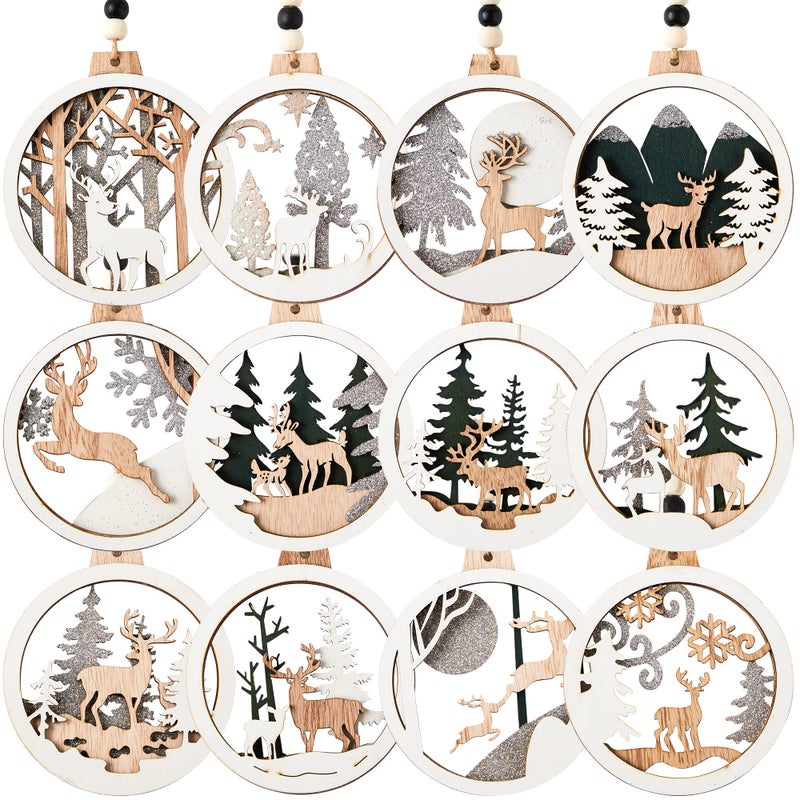 JOIEDOMI 12 Pcs Wooden Hanging Ornaments Christmas Reindeer Wooden Ornaments for IndoorOutdoor Holidays Party Decoration Tree Ornaments Events and Christmas