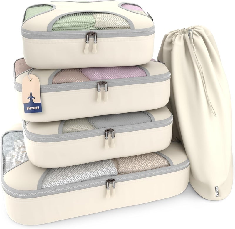 Shacke Packing Cubes for Travel 5 Set - Premium Luggage Organizer Bags - Versatile Travel Organizer for Women and Men - Optimized Packing Bags - Travel Essentials (Sand) | Suitcase organizer bags set: 4 water-resistant luggage cubes, XL to Small, + laundry bag for carry-on or checked - Image 1