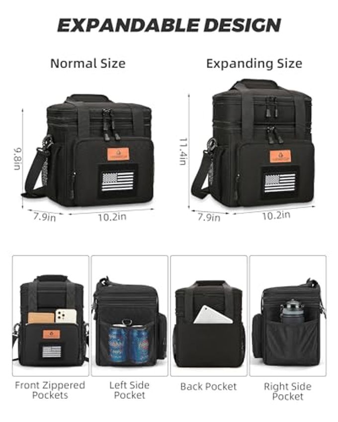 HSHRISH Expandable Lunch Box, Double Deck Large Insulated Lunch Bag for Men, Durable Leakproof Cooler Bag for Men Work Shift Outdoor Trips, 20 Can/15 L, Black - Image 2