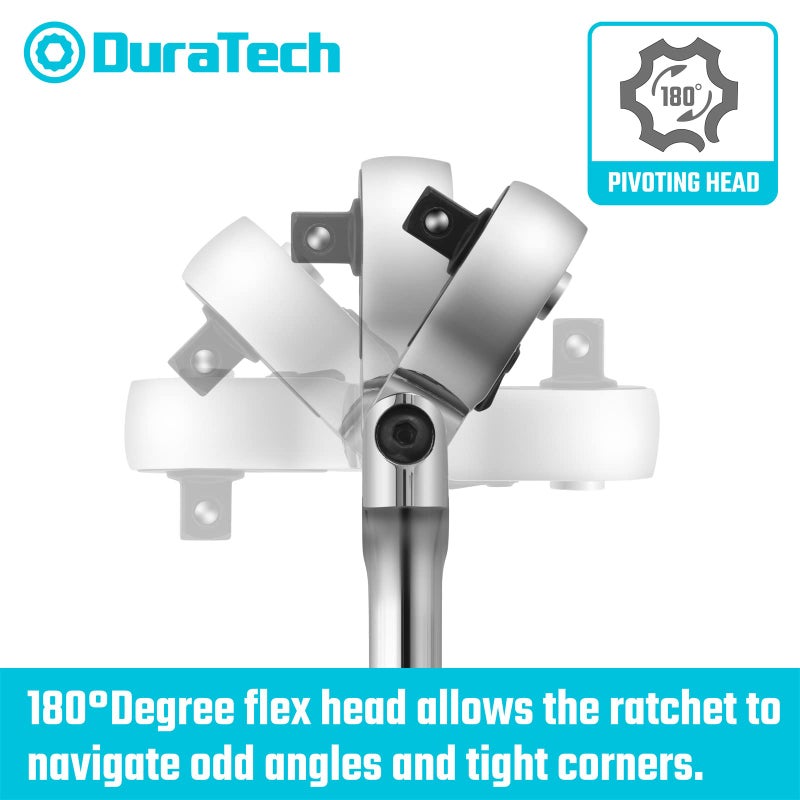 DURATECH 3-Piece Flex-Head Ratchet Set, 1/4", 3/8", 1/2" Drive Ratchet, 72-Tooth with Quick-Release Reversible Design, Chrome Alloy Made, Fully Polished, Organized in Storage Case - Image 5