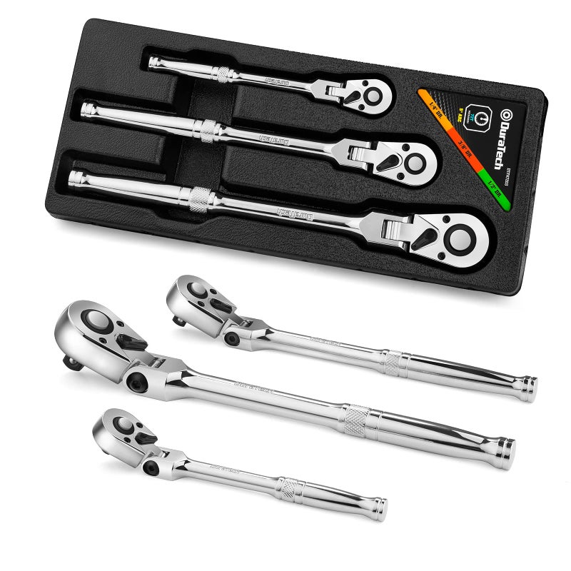 DURATECH 3-Piece Flex-Head Ratchet Set, 1/4", 3/8", 1/2" Drive Ratchet, 72-Tooth with Quick-Release Reversible Design, Chrome Alloy Made, Fully Polished, Organized in Storage Case - Image 1