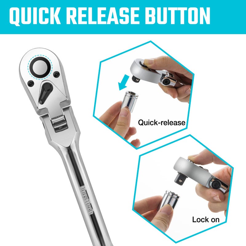 DURATECH 3-Piece Flex-Head Ratchet Set, 1/4", 3/8", 1/2" Drive Ratchet, 72-Tooth with Quick-Release Reversible Design, Chrome Alloy Made, Fully Polished, Organized in Storage Case - Image 3
