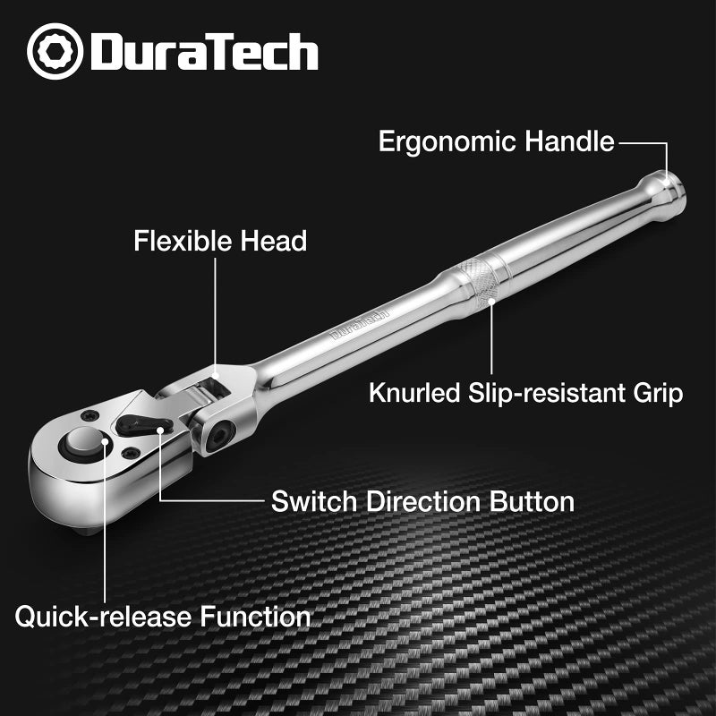 DURATECH 3-Piece Flex-Head Ratchet Set, 1/4", 3/8", 1/2" Drive Ratchet, 72-Tooth with Quick-Release Reversible Design, Chrome Alloy Made, Fully Polished, Organized in Storage Case - Image 2