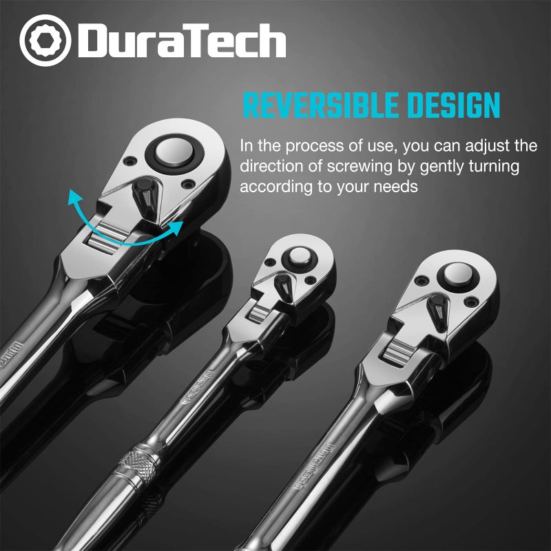 DURATECH 3-Piece Flex-Head Ratchet Set, 1/4", 3/8", 1/2" Drive Ratchet, 72-Tooth with Quick-Release Reversible Design, Chrome Alloy Made, Fully Polished, Organized in Storage Case - Image 4