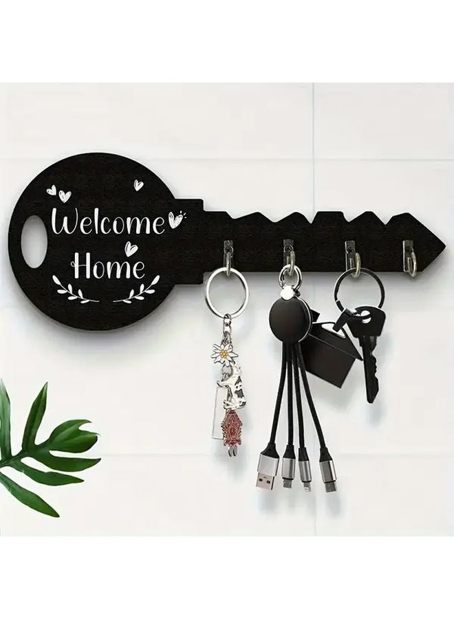 Black Wooden Key Holder Wall Organizer with Hooks Bohemian Rustic Entryway Decor - Image 1