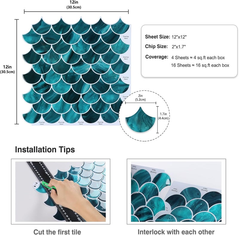 CRE8TIVE 4 Sheets Teal Green Fish Scale Peel and Stick Backsplash for Kitchen Bathroom Tiles Peel and Stick Waterproof Shower Tile Adhesive Backsplash Shell Stick on Wall Tile for Laundry Room 12"x12" - Image 2