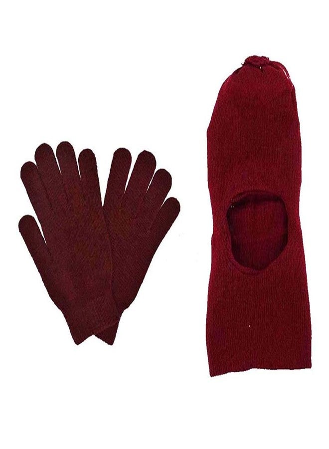 V4U Baby Kid's Combo of School Winter Woolen Monkey/Skull Cap and Gloves Set Soft Knit for Winter (Maroon, 3-10 Years) (Pack of 02) - Image 1