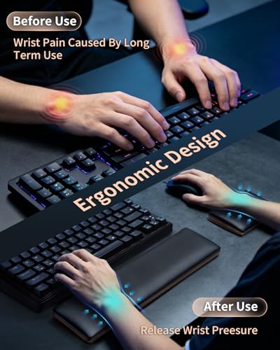 ASFSKY Keyboard and Mouse Wrist Rest Set for 60%-75% Compact Keyboards – Ergonomic Wooden Support Pad with PU Leather & Memory Foam, Anti-Slip Rubber Base for Gaming, Office & Typing Pain Relief - Image 2